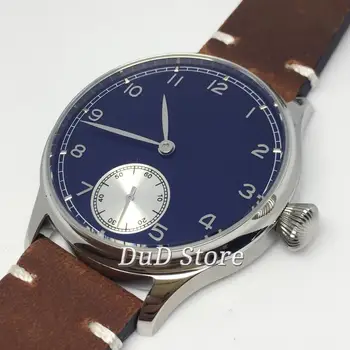 

Corgeut 44mm Top Mens watches Silver Polished Stainless Case Sterile Blue dial Leather strap Hand Winding Male Wristwatch Gift