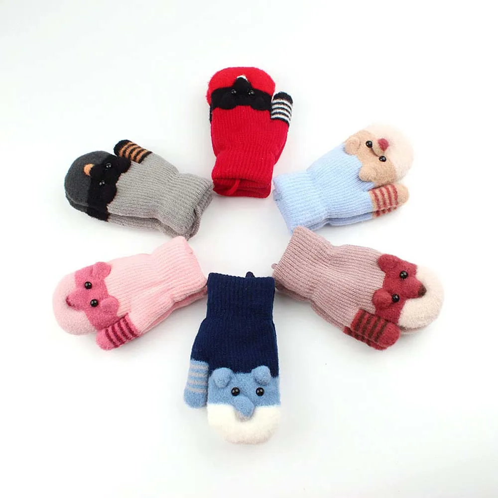 

Cute Cartoon Pattern Children Knitted Gloves Unisex Acrylic Winter Plus Velvet Thick Lanyard Warm Cartoon Gloves