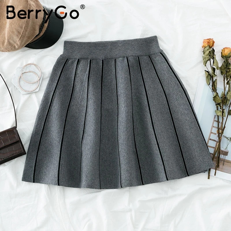 

BerryGo Fashion a-line pleated skirt women Striped autumn winter female mini skirts Casual streetwear chic ladies skirts bottoms