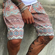 

Men's Retro Printed Straight Five-point Pants Casual Loose Beach Pants Stitching Pockets Straight Elastic Waist Board Shorts