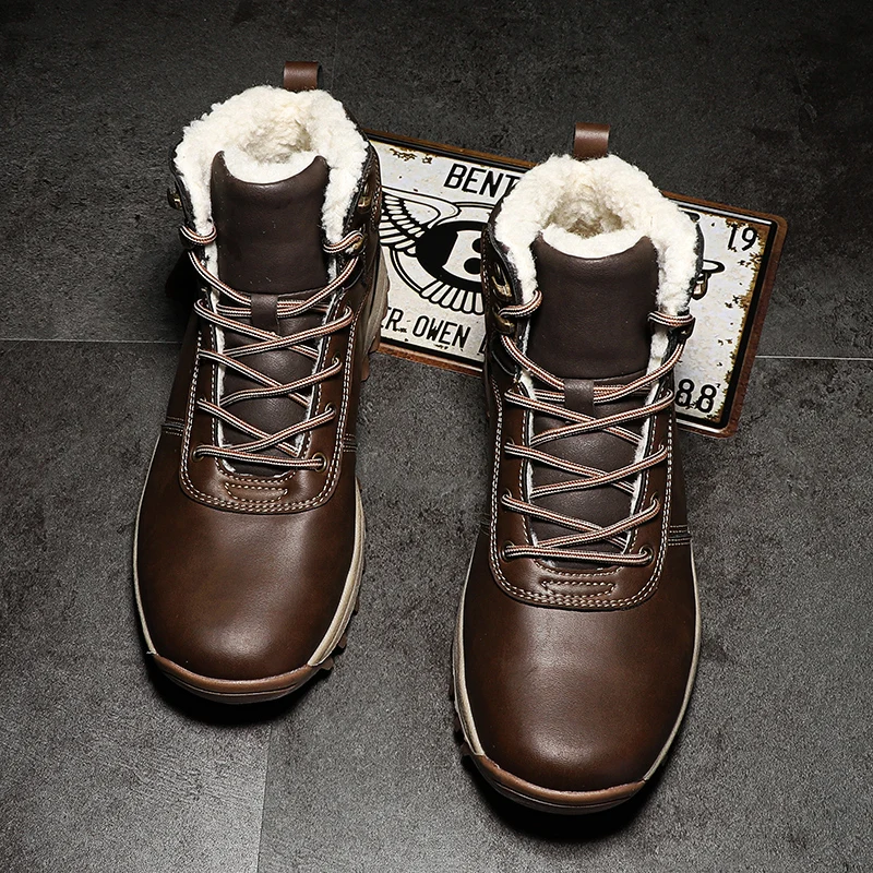 Winter Warm Casual Men Shoes Genuine Leather Snow Boots Male British Style Plush Male Boots Handmade Vintage Men Shoes HX-227 - Цвет: Dark Brown