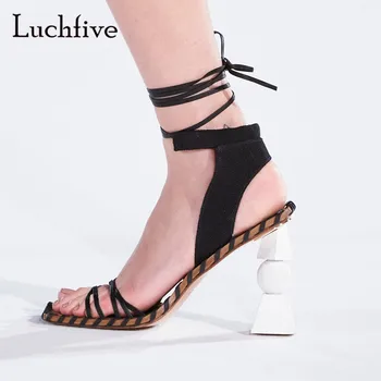 

2020 Summer New T-show Sandals Asymmetrical Strange High Heel Leather Sandals Ankle Strappy Gladiator Shoes Women