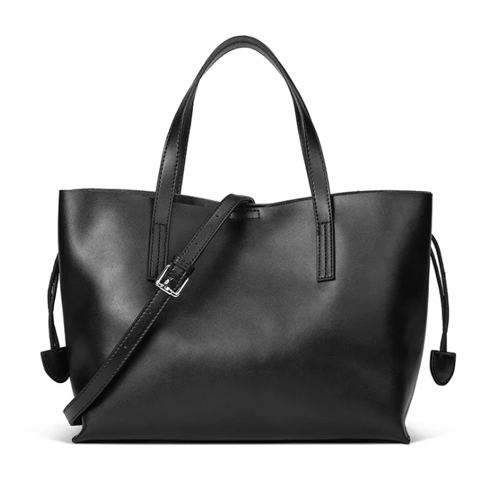 Женская сумка из натуральной кожи, Повседневная Большая вместительная сумка-тоут, простая кожаная женская сумка на плечо, Женская сумочка - Color: Black