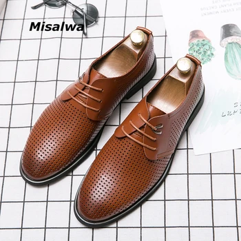 

Misalwa Summer Spring New Derby Men's Commute Work Shoes Business Dress Shoes Black Brown Hollow Men Formal PU Leather Shoes