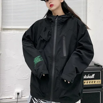 

Women Trench Coat Streetwear Fashion Hip Hop Loose Casual Hooded Cargo Jacket Outerwear Male Women Tooling Windbreaker Overcoat