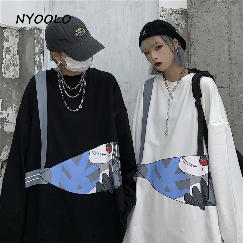 NYOOLO Harajuku стильная уличная женская футболка с принтом ужасов, Повседневная Свободная футболка с круглым вырезом и длинным рукавом в стиле хип-хоп, женские и мужские топы