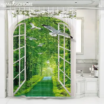 

Forest Landscape Outside The Simulation Window Printed Shower Curtain 3d Waterproof Fabric Bath Curtain for Bathroom with Hooks