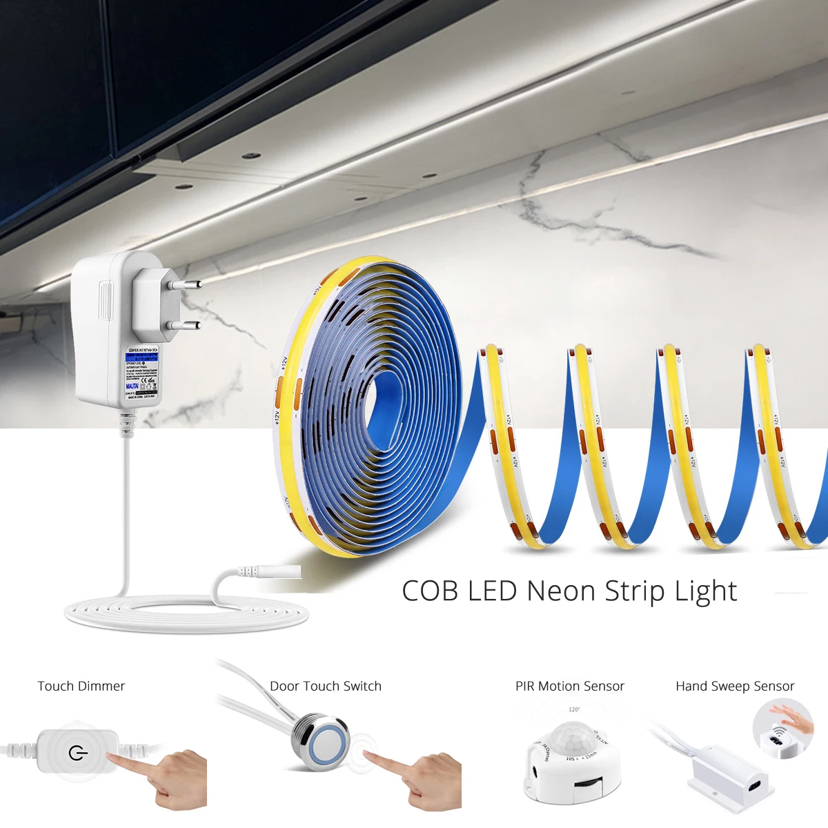 COB Led Strip Tape Light 12V 320 leds/m Width 8mm with Adapter Cabinet Door Touch Dimmer Hand Sweep PIR Motion Sensor Switch