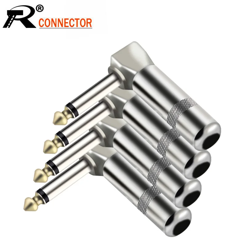 100PCS 6.35MM Jack Right Angle Wire Connector 4 Corners 2 Poles 6.35MM Mono Male Plug Microphone Connector Guitar Plug Adapter