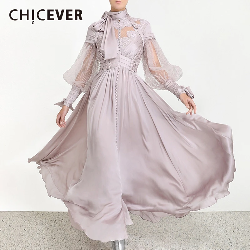 

CHICEVER Patchwork Dot Mesh Ruched Dresses Women Turtleneck Lantern Long Sleeve High Waist Lace Up Dress Female Fashion Tide
