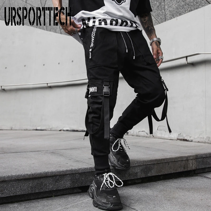 New Black Cargo Pants Hip Hop Joggers Men Loose Harem Pants Multi-pocket Ribbon Trousers Casual Streetwear Sport Pants for Men