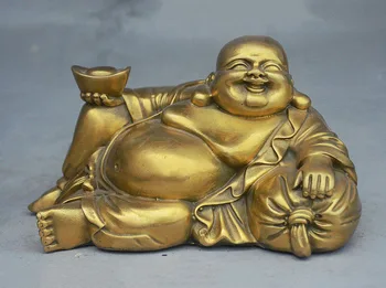 

6" China Buddhism Brass Wealth Maitreya Buddha Lie On Money Bag Yuanbao Statue