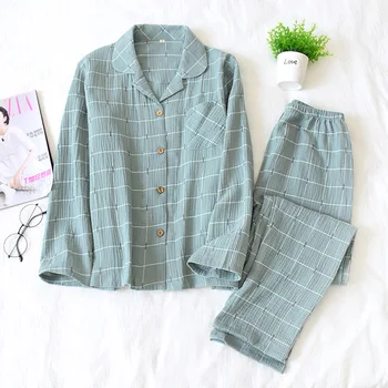 

New Cotton 2-piece Pajamas Spring and Autumn Long-sleeved Trousers Couple Crepe Plaid Suit for Home Pijama Multi-color Optional