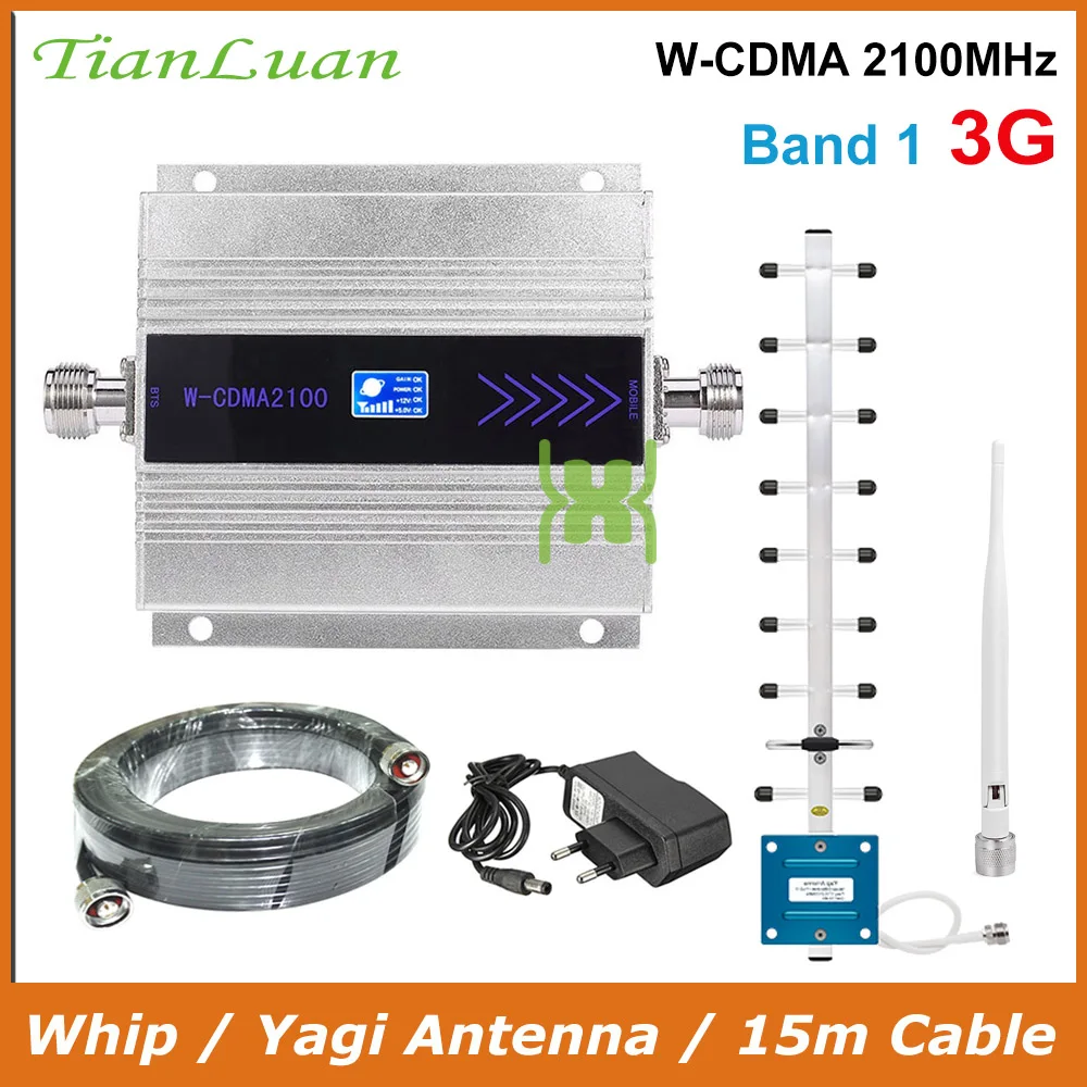Дешево TianLuan мини W CDMA 2100 МГц усилитель сигнала мобильного телефона WCDMA 3g ретранслятор сигнала усилитель + хлыст антенна Яги с кабелем 15 м