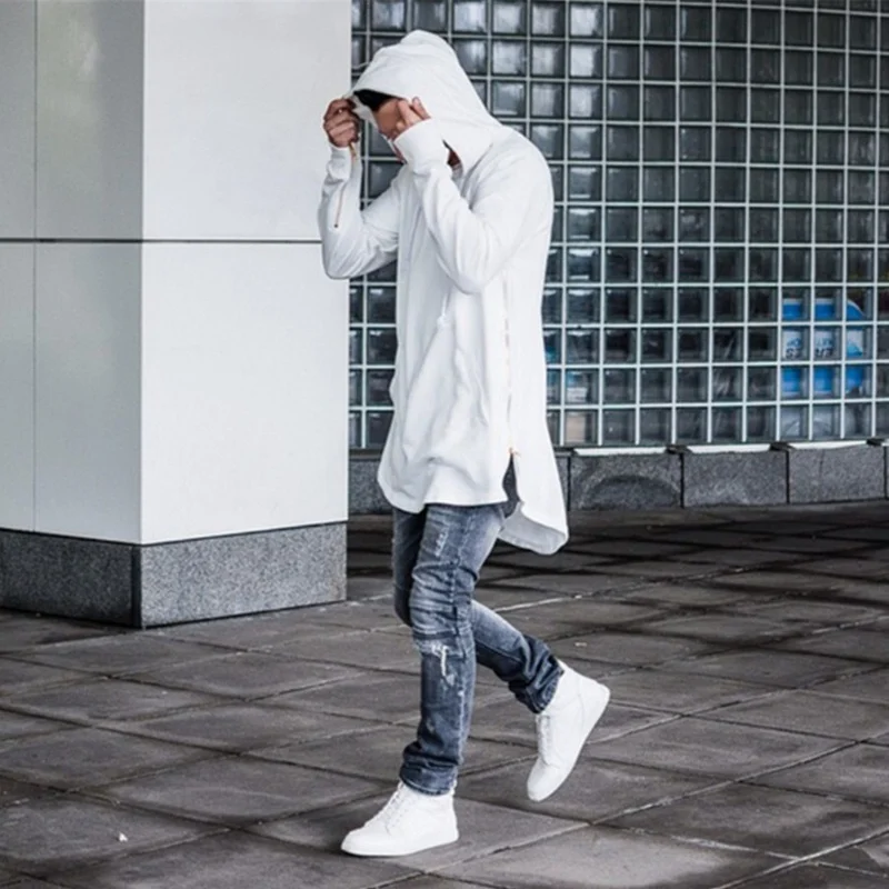 

OLOME Men Hooded Sweatshirts With Black White Gown Hip Hop Mantle Hoodies Fashion Jacket long Sleeves Cloak Man's Coats Outwear