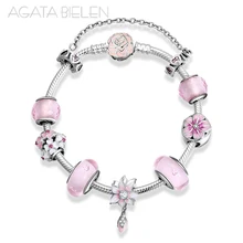 925 стерлингового серебра цветущие розовые цветы серии со стеклянными бусинами готовой браслет модные женские Шарм браслет ювелирные изделия