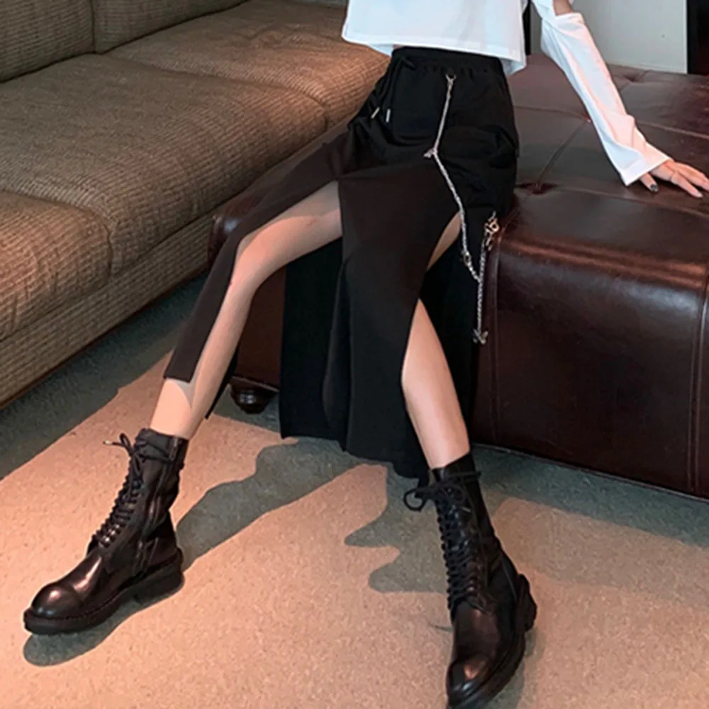 Rosetic Punk Girl Gothic Skirt Women Lace-Up Pocket Split Sexy Chain Cool 2020 Autumn Fashion High Waist Midi Skirts Summer