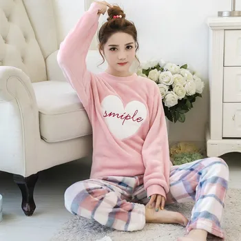 

Winter Cartoon Pajamas Set Flannel Women Long Sleeve Sleepwear Woman Coral Fleece Nightie Warm Home Clothes Sets for Teen Girls