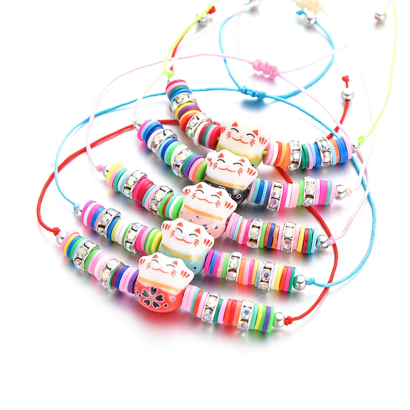 IYOE/детские браслеты ручной работы со смайликом и кошкой для детей, радужные мягкие глиняные бусины керамика со стразами, очаровательный браслет с кошкой, подарок на день рождения