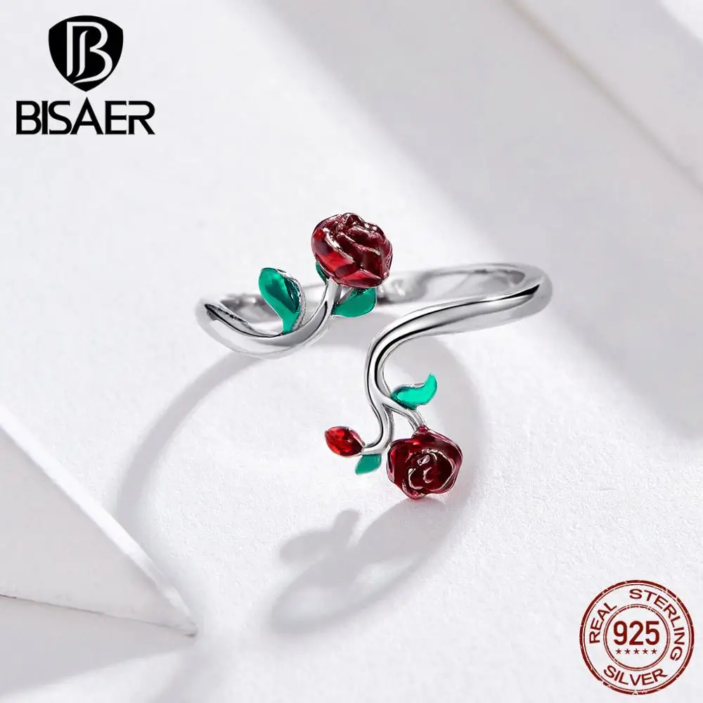 BISAER элегантный кольцо 925 пробы серебряные летние розы кольца для Для женщин Мода обручальные кольца очаровательные ювелирные изделия HVR051