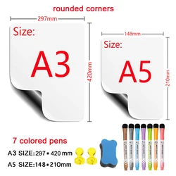 Pizarra blanca magnética A3 + A5 para el refrigerador, tablero de escritura de notas magnético borrable, marcador de dibujo, tablero de notas