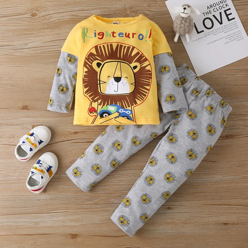 Infant Baby Clothes Boys Long Sleeve Letter Patchwork Tops+Pants Kids Outfit Set 