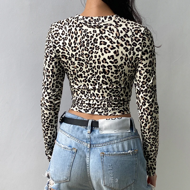 IAMSURE Autumn Streetwear Fashion Leopard Print Long Sleeve Women Cardigan Blouses Fitness Female Cropped Shirt Rave Outfits