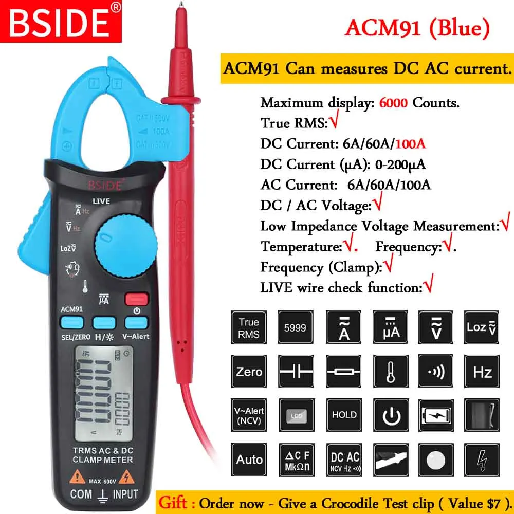 ACM91-blue-Gift Мини Цифровые токовые клещи BSIDE ACM серии True постоянного тока в переменный ток напряжение, температура постоянной ёмкости, универсальный конденсатор Гц бесконтактная проверка напряжения переменного тестер Амперметр мультиметр - Цвет: ACM91-blue-Gift