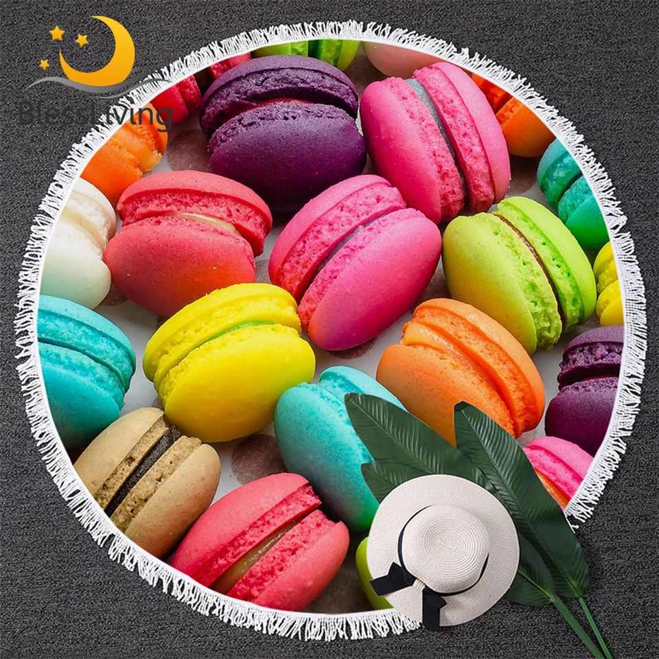 

BlessLiving Macaron Round Beach Towel Colorful Towel Large for Adult 3D Print Dessert Food Toalla With Tassel Girls Yoga Mat