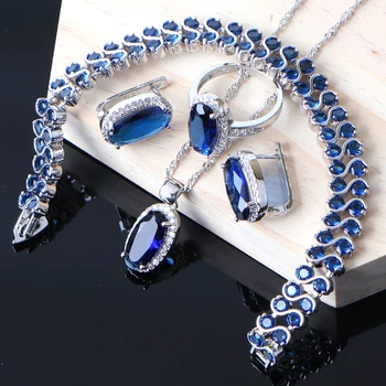 

Women Costume Silver 925 Luxury Jewelry Sets Blue Zirconia Jewellery Wedding Bridal Earrings Pendant Necklace Sets Bracelet Ring