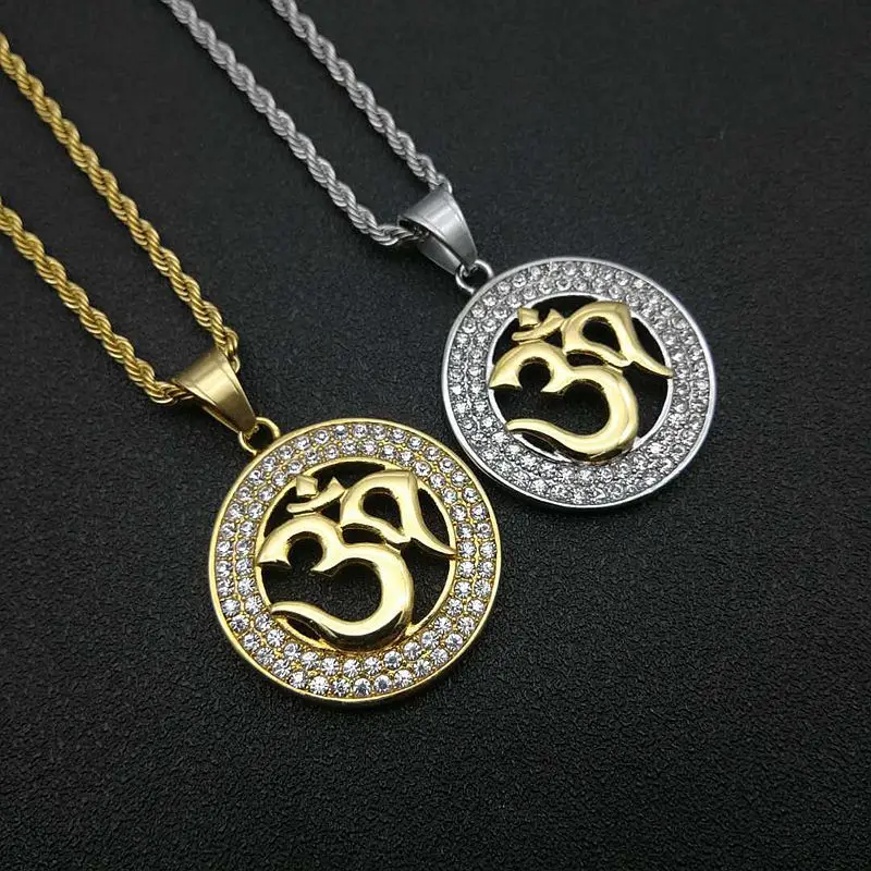 Hip Hop Iced Out Indian Yoga Pendant Gold Color Stainless Steel AUM OM OHM Hindu Buddhist Necklaces Amulets Jewelry Dropshipping | Украшения