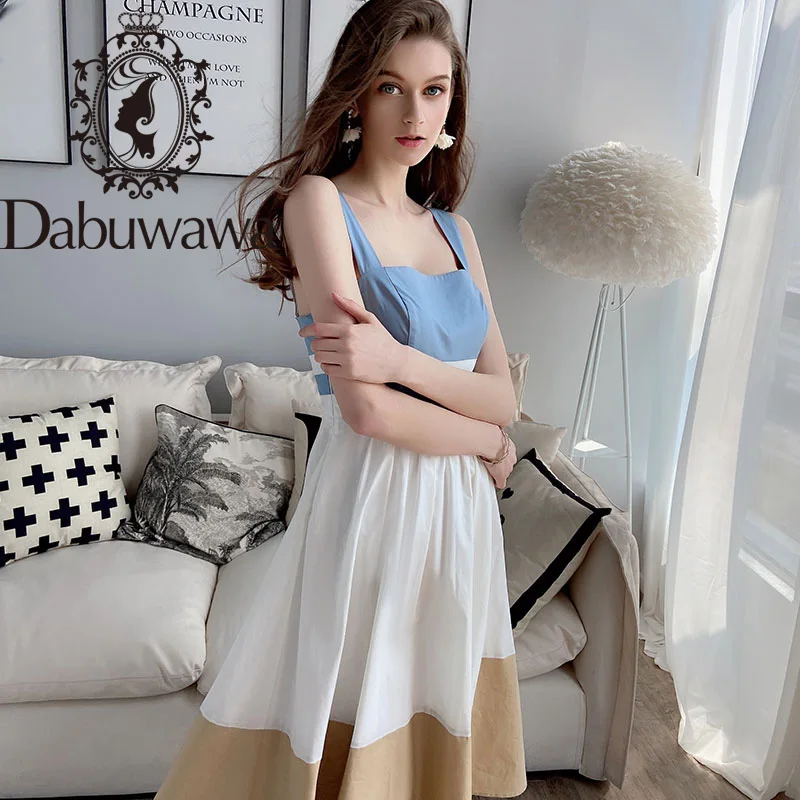 

Dabuwawa Vintage Fit and Flare Patchwork Beach Spaghetti Straps Dress Women High Waist Sleeveless Party Dress Female DT1BDR060