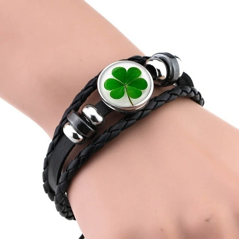 

St Patrick's Day Shamrock Bangle Black Leather Bracelet Irish Pride Clover Leaf Jewelry Charm Bracelet Lucky Gift for Women Men