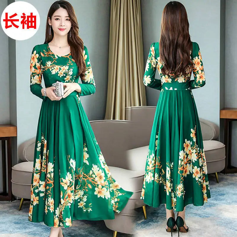 

2019 Early Autumn New Style WOMEN'S Dress Lady Floral Printed Dress Waist Hugging Slimming Elegant over-the-Knee Long Skirts Kuo
