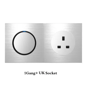 

British Socket Double Panel 1Gang Switch+ UK Socket Household Silver Aluminum Alloy Panel Switch Socket 90V-250V