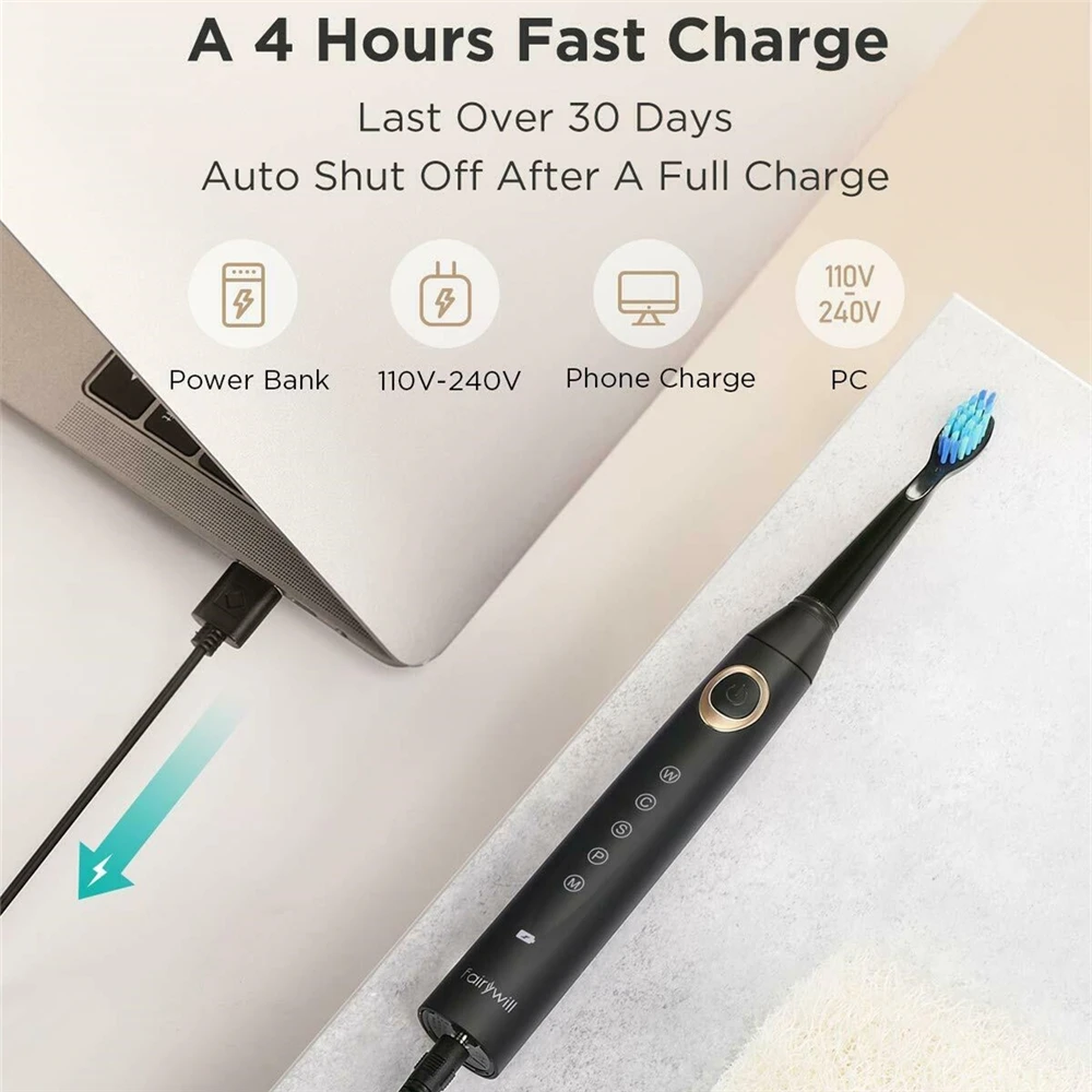 Fairywill Electric Sonic Toothbrush 5 Modes Replacement Heads Waterproof Rechargeable Powerful Cleaning Soft Heads Toothbrush electric toothbrush