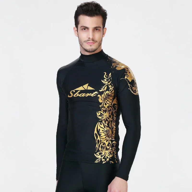 Golden Print SBART Рашгард для мужчин с длинным рукавом лайкра для серфинга гидрокостюм Топ солнцезащитный плавательные майки для серфинга лайкра Топ Мужской купальный костюм рубашка размера плюс M-4XL - Цвет: Golden Print