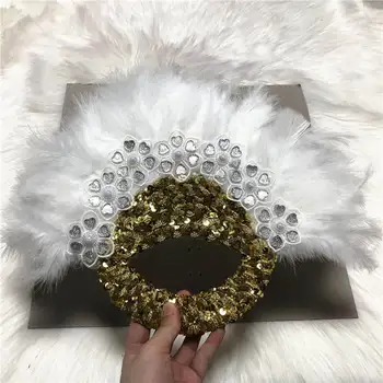 

Bride wedding feather fan African feather handfan with sequins&stones for party fluffy feather dance props high quality