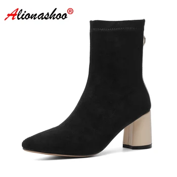 

Women Ankle Sock Boots 2019 Patchwork Spring Autumn Stretch Boots Chunky High Heels Pointed Toe Women Shoes Black Size 34-40