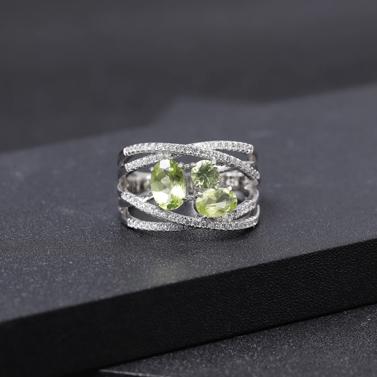 GEM'S BALLET, 1.69Ct, натуральный Перидот, крест-накрест, ПАВЕ, кольцо, 925 пробы, серебро, драгоценный камень, кольца на палец для женщин, хорошее ювелирное изделие
