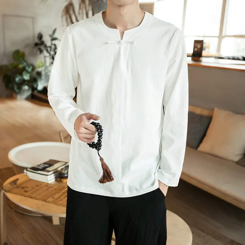 Мужские свитшоты из хлопка и льна Китайская традиционная рубашка с длинными