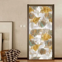 Фото обои 3D тропические растения Золотые листья Современная Геометрическая Дверь Наклейка ПВХ самоклеющиеся водонепроницаемые виниловые, на дверь Настенная Наклейка