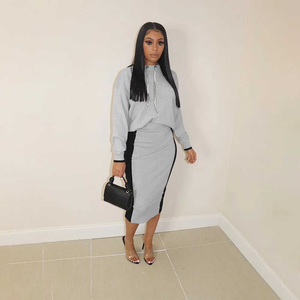 

SKMY Autumn And Winter New Fashion Casual Hooded Long Sleeve Top Skirts Black And Gray Patchwork Two Piece Set Women Outfit 2023