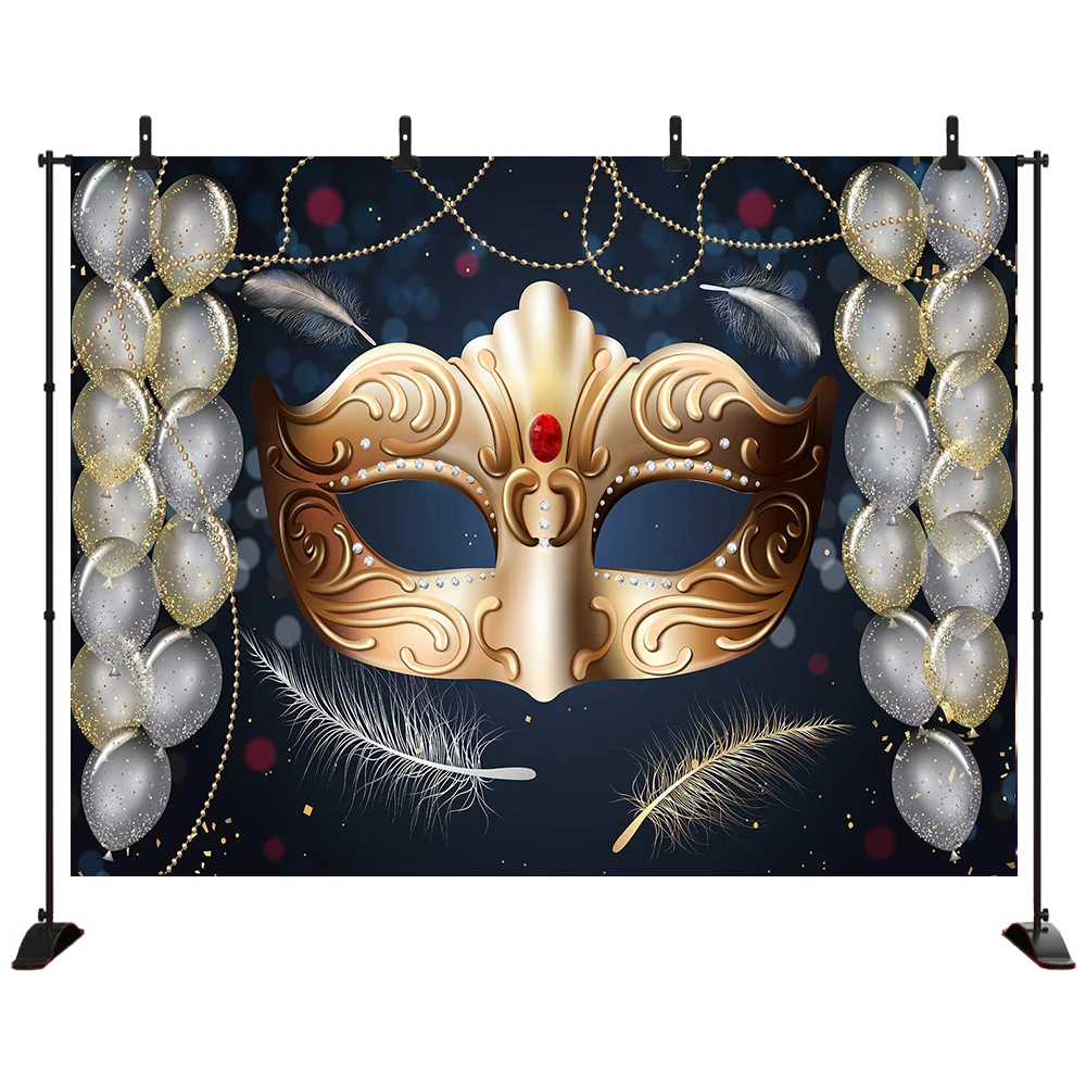 

Masquerade Photography Backdrops Golden Mask Gold and silver balloons Stage Photo Background for Birthday Party