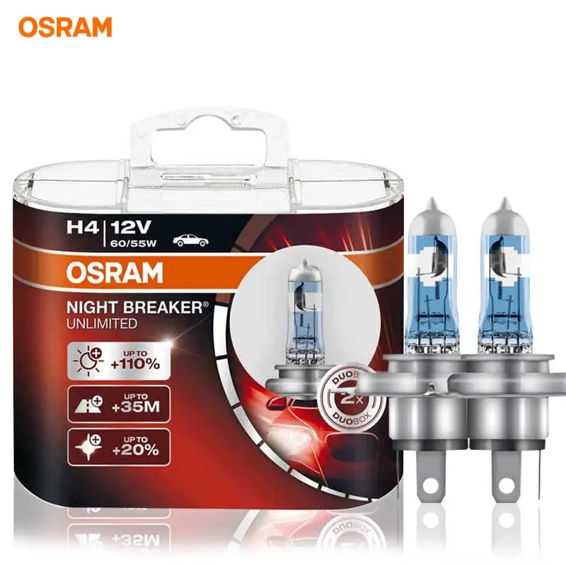 12 volt Osram 64193NB-HCB Night Breaker H4 Lampadina per fari alogeni confezione duo 2 lampadine 