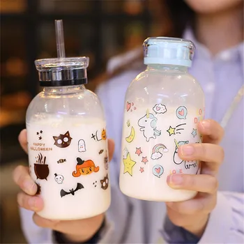 

450ml Glass Sippy Bottle with Scale Simple Double Lids Straw Cup for Milk Tea Juice Portable Water Bottles Drinkware