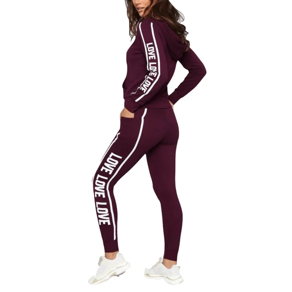 Slim Leisure Love Letter stripe Running Yoga Set Hooded Women Suit Gym Sports Legging Set Fitness Sportswear A7