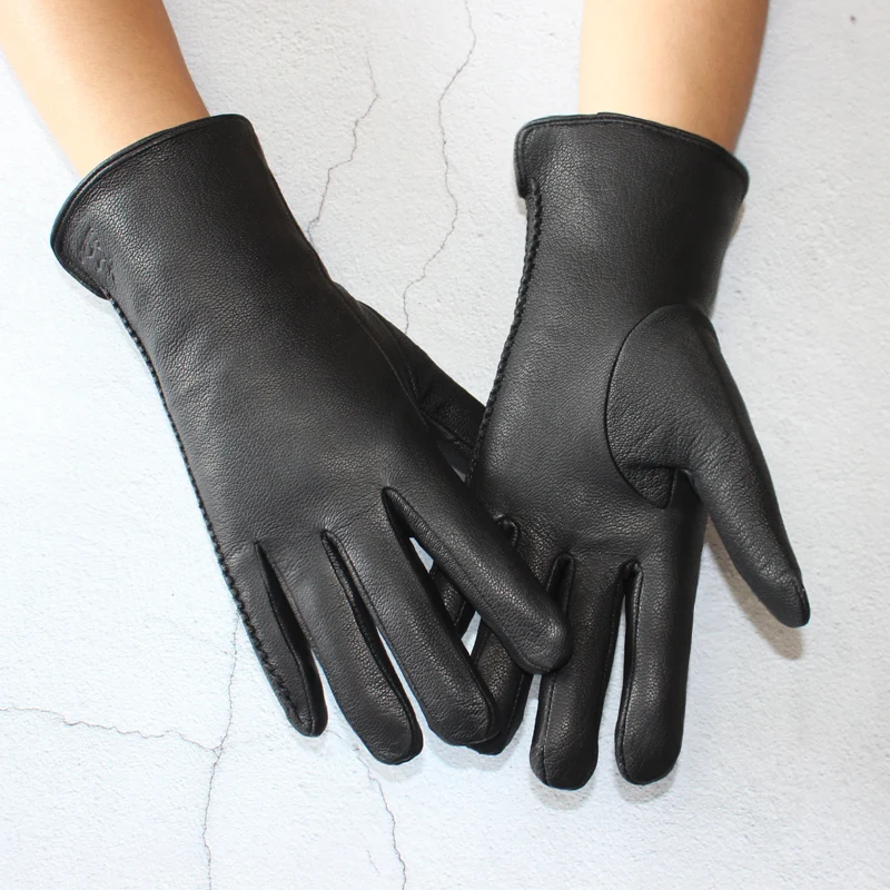 New Women's Black Deerskin Gloves Thick Wool Lining Winter Warm Genuine Leather Gloves Two Styles