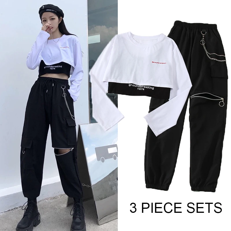 Fashion Jogger 3 Piece Sets Women 2021 New High Waist Cargo Pants with Chain Streetwear Casual Hip Hop Long Sleeve Crop Tops kickstand design hard eva tablet protective case cover with handle for ipad 10 2 2020 2019 2021 rose