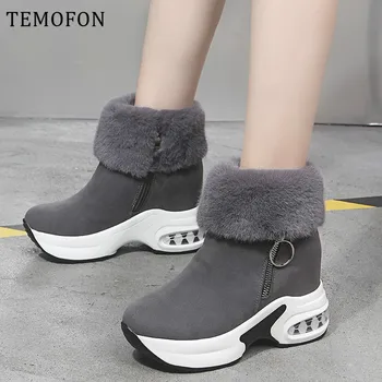 

TEMOFON Height Increasing winter snow boots women warm plush suede shoes fashion ladies platform fur ankle boots female HVT1602